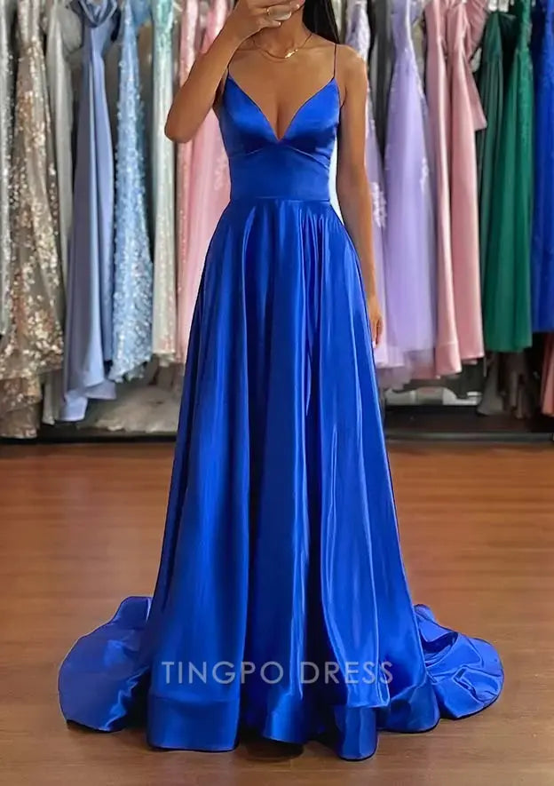 TingPo Wholesale Elegant A-line V Neck Sweep Train Charmeuse Prom Dress with Split
